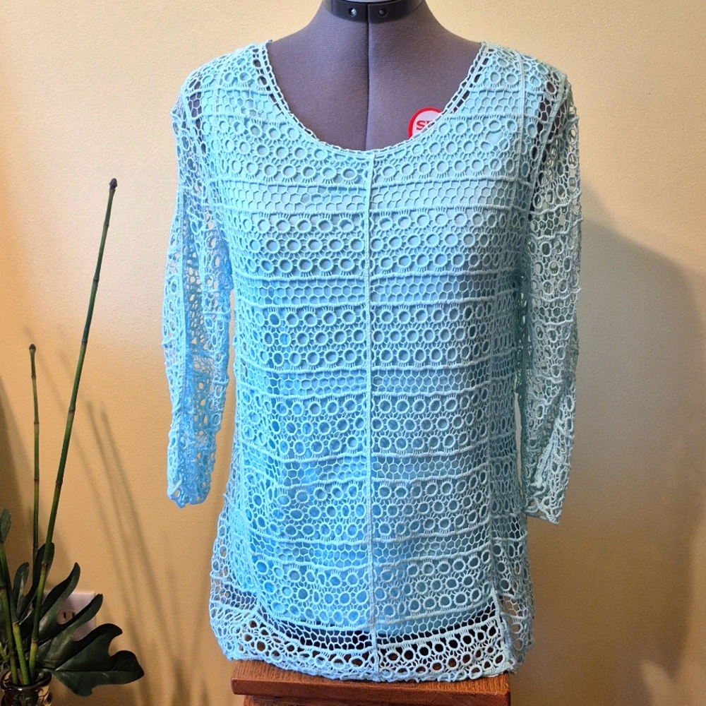 Christopher & Banks Light Blue Aqua Lace Tunic Top Size Small